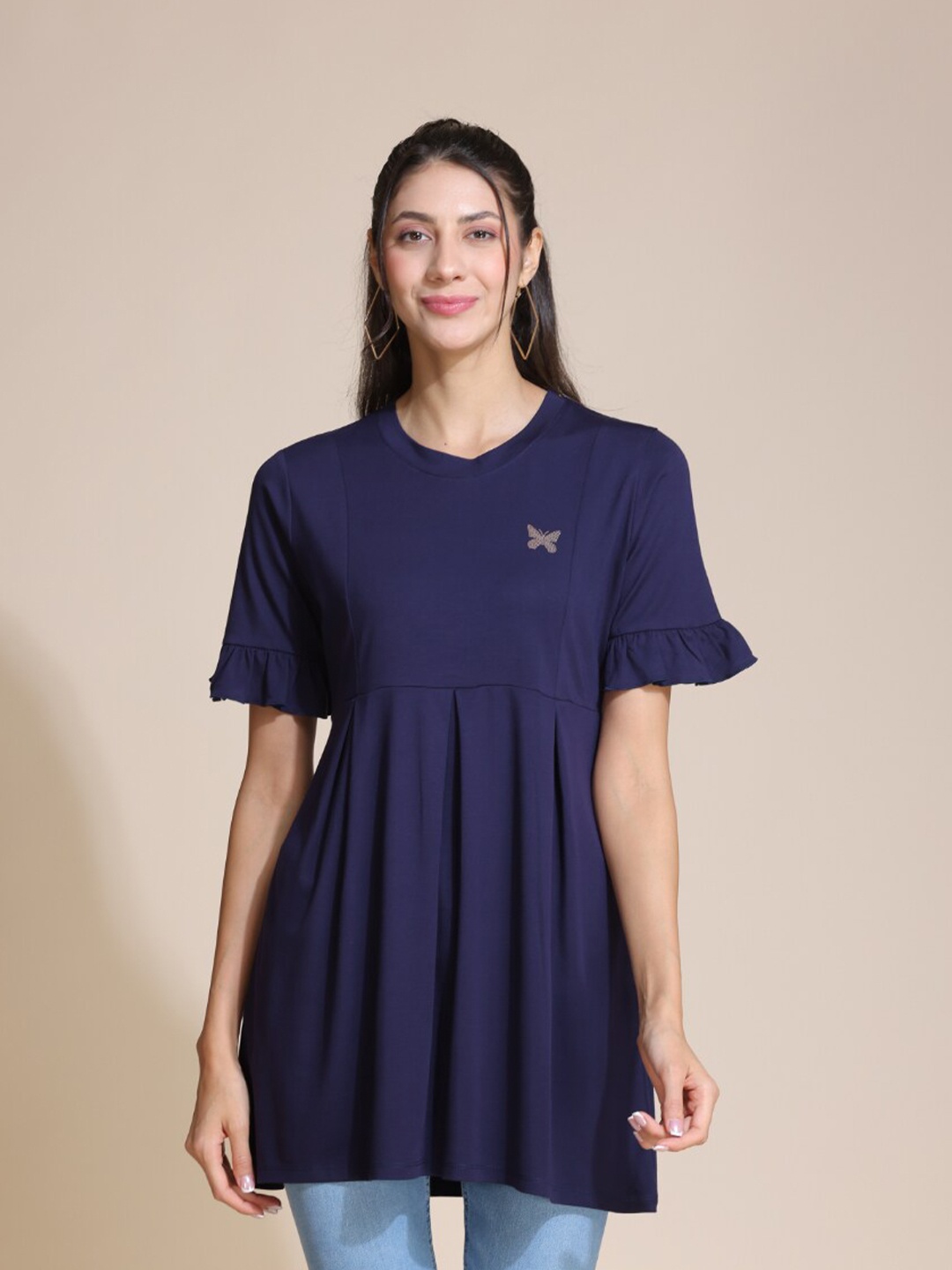 

TITTLI V-Neck Waist Tie-Ups Longline Top, Navy blue