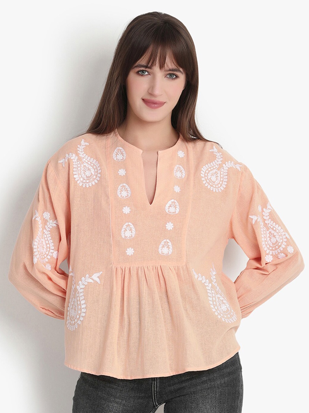 

putsum Floral Embroidered Cotton Peplum Top, Coral