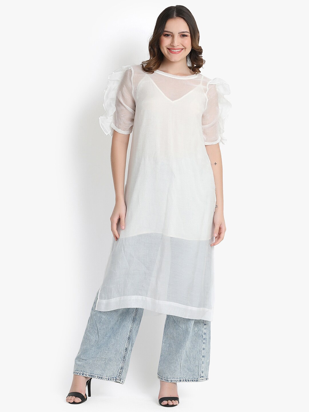 

putsum Puff Sleeve Ruffles Sheer Georgette Longline Top, White