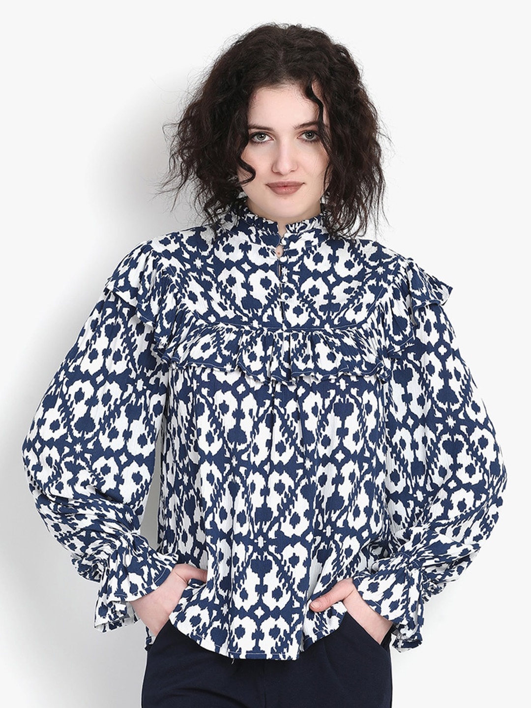 

putsum Ethnic Motifs Print High Neck Kimono Sleeve Ruffles Cotton Top, Red