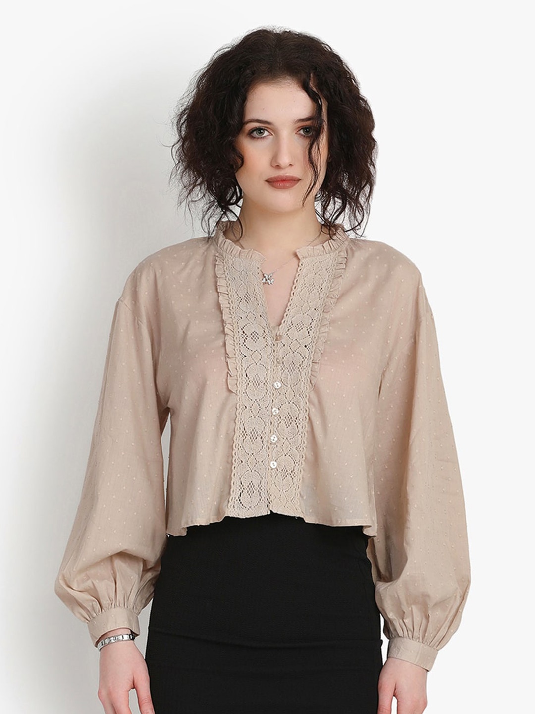 

putsum Frill Laced Cuffed Sleeves Regular Cotton Top, Cream