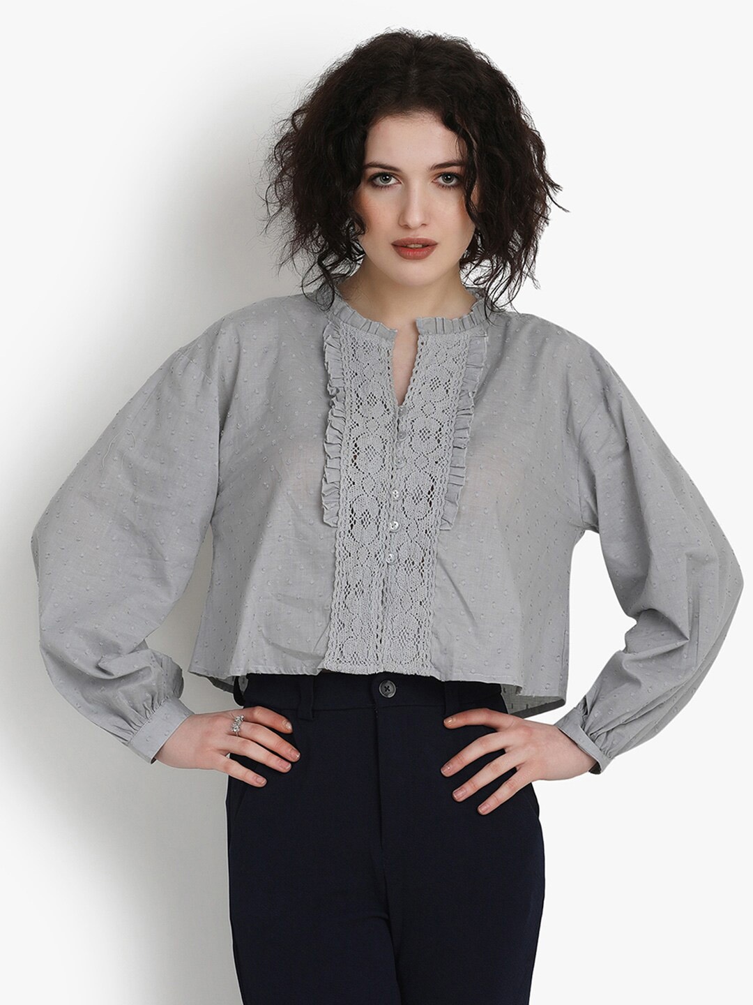 

putsum Mandarin Collar Frill Laced Cotton Top, Grey