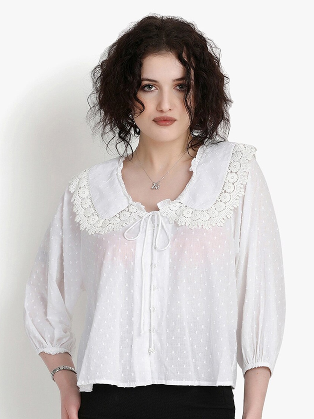 

putsum Self Design Tie-Up Neck Semi Sheer Lace-Up Cotton Top, White