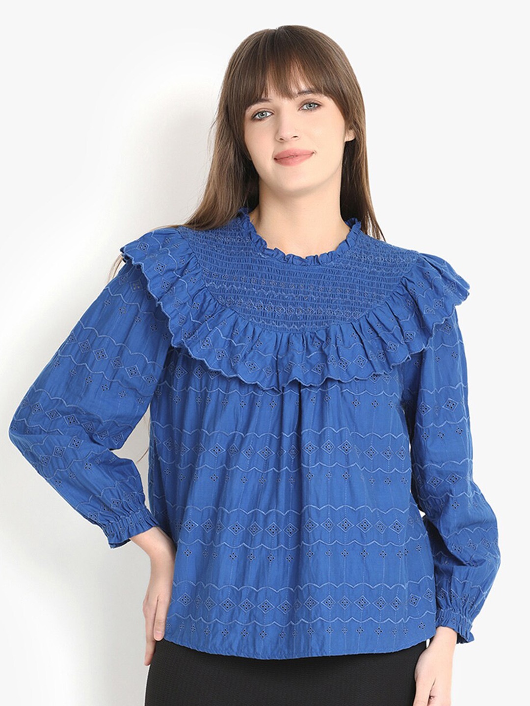 

putsum Self Design Schiffli Ruffles Cotton Top, Blue