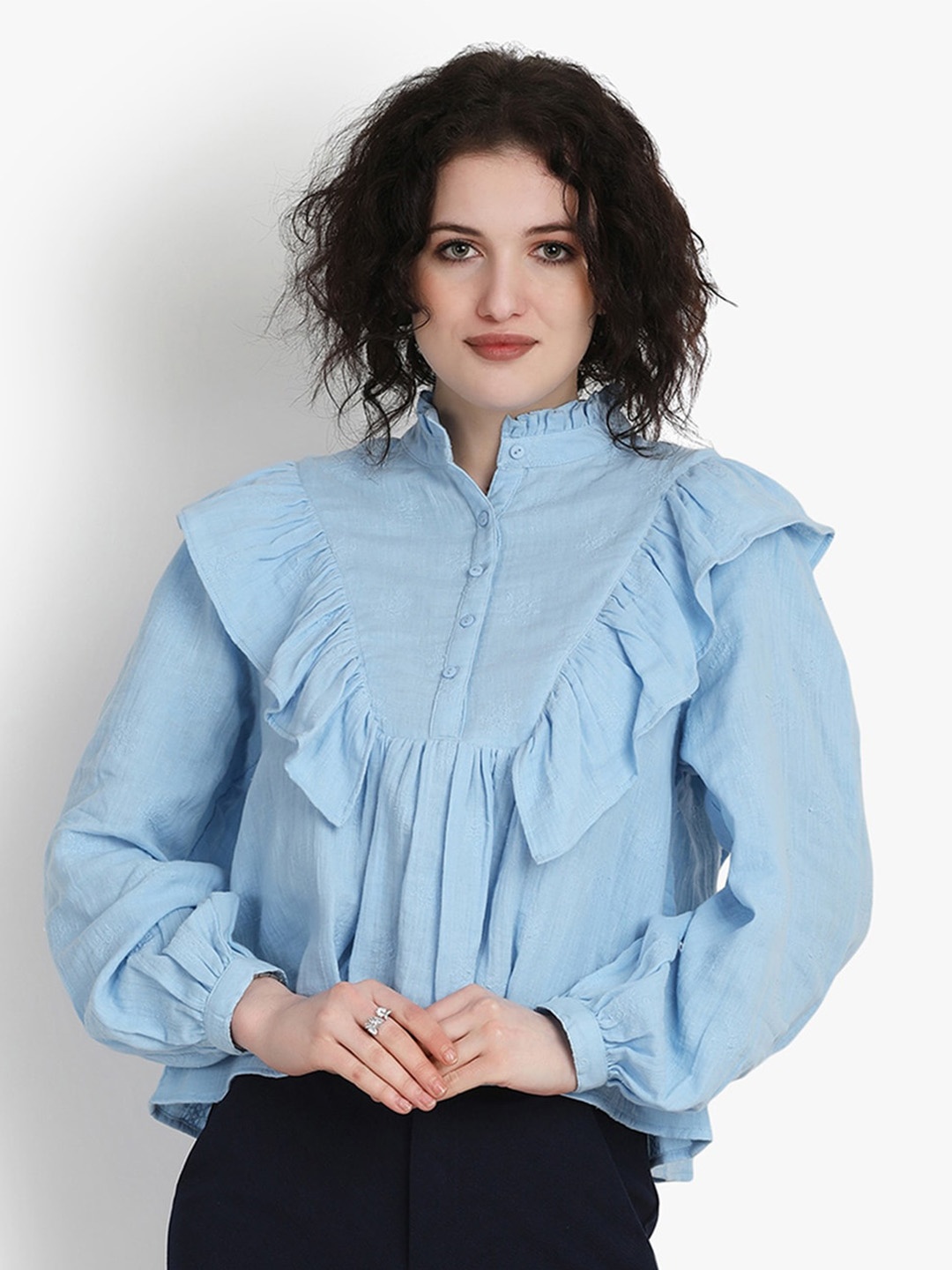 

putsum Ruffles Half Placket Cotton Shirt Style Top, Blue