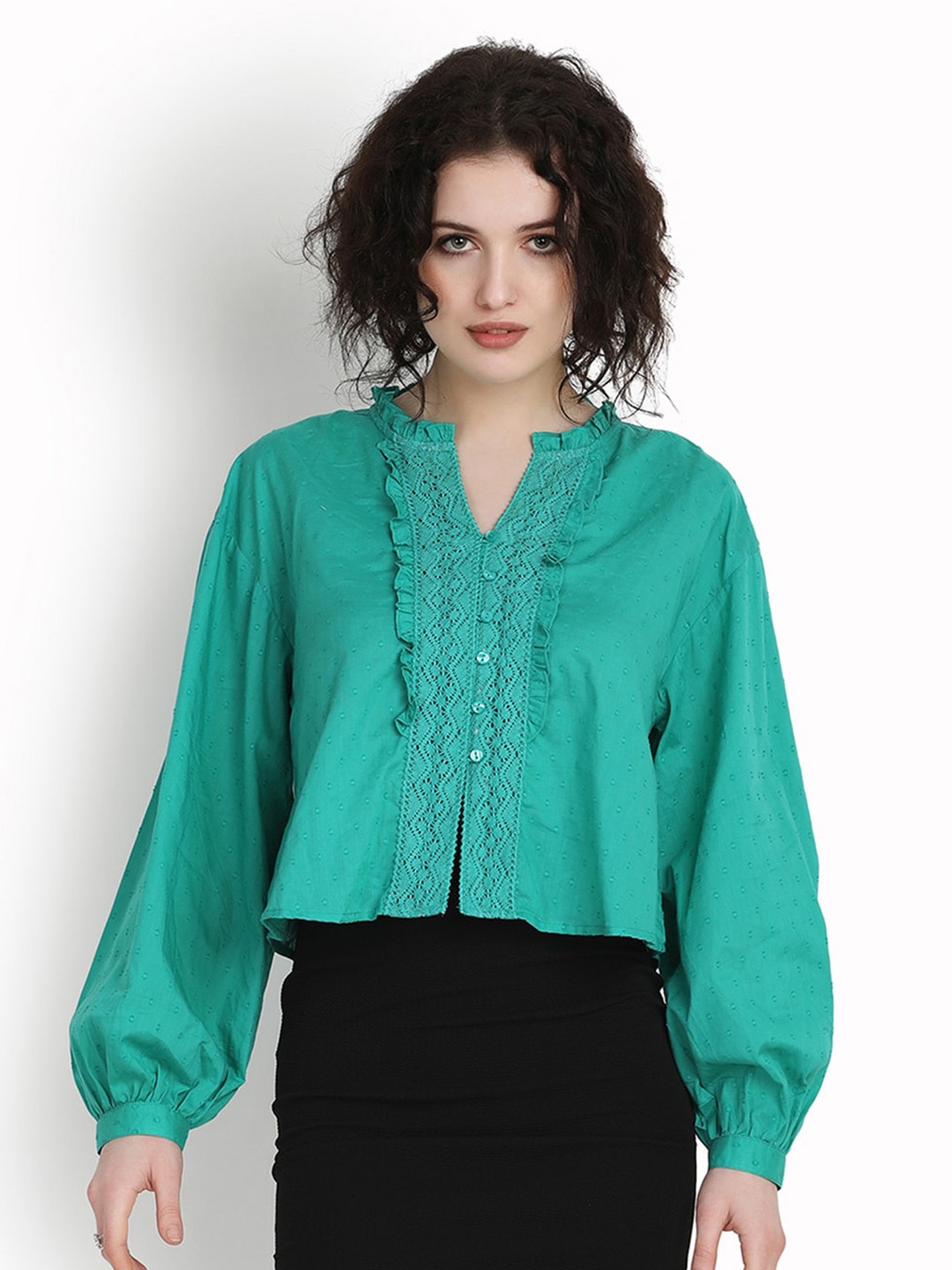 

putsum Frill Laced Cuffed Sleeves Regular Cotton Top, Green