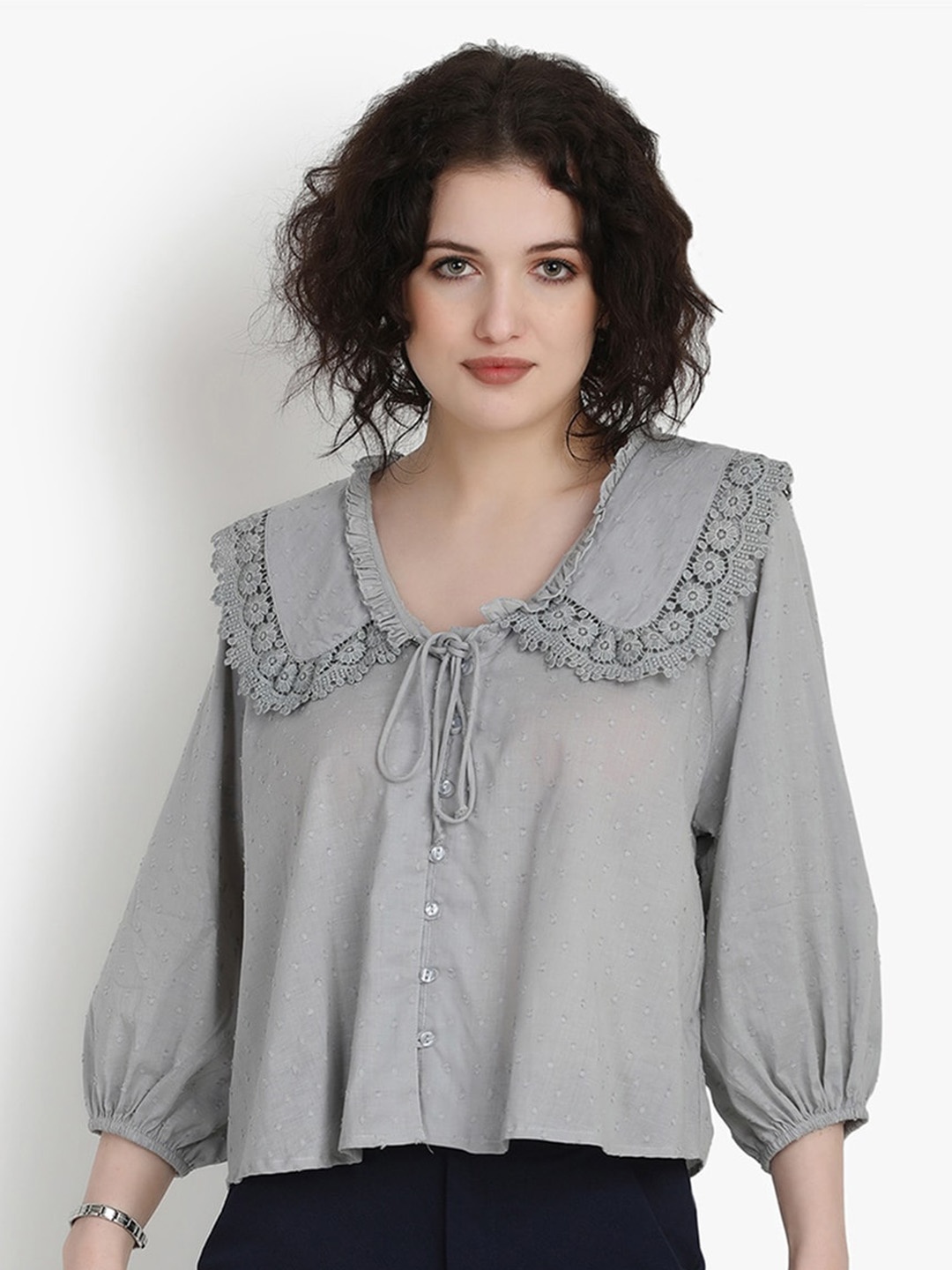 

putsum Self Design Embroidered Lace-Up Tie-Up Neck Cotton Top, Grey