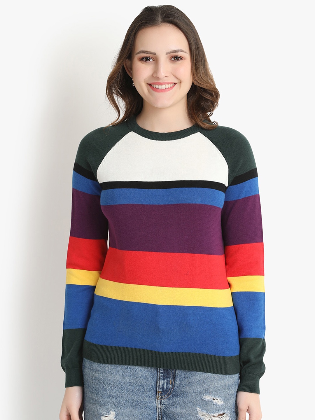 

putsum Horizontal Striped Round Neck Regular Knitted Top, White