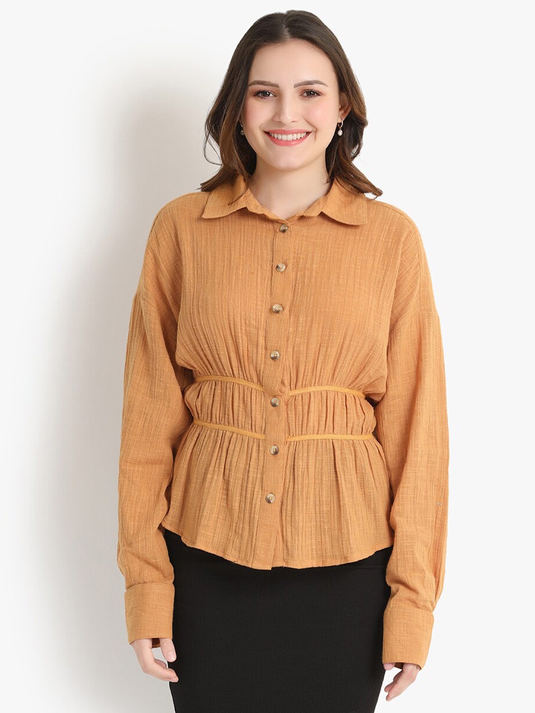 

putsum Waist Tie-Ups Cotton Shirt Style Top, Mustard