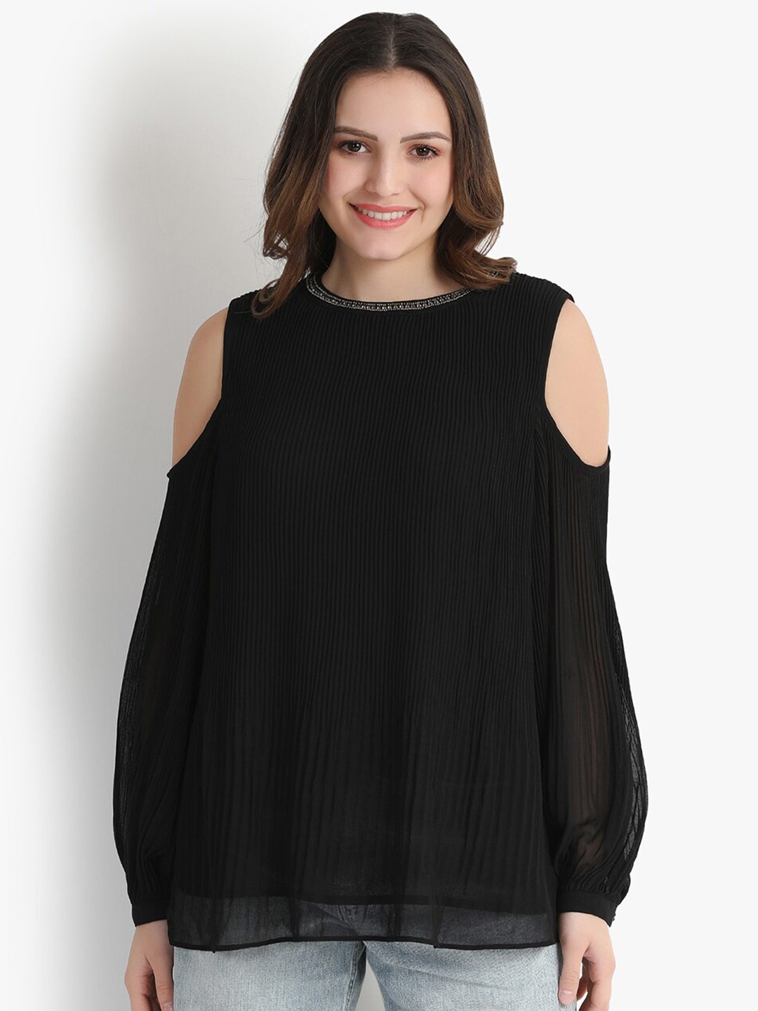 

putsum Self Design Cold Shoulder Georgette Top, Black