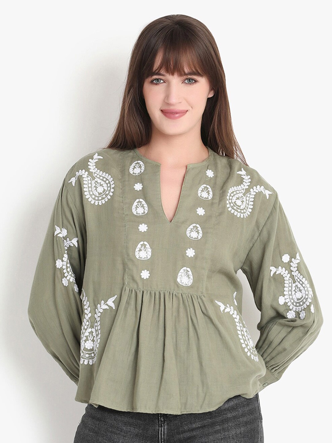 

putsum Floral Embroidered Cotton Peplum Top, Olive