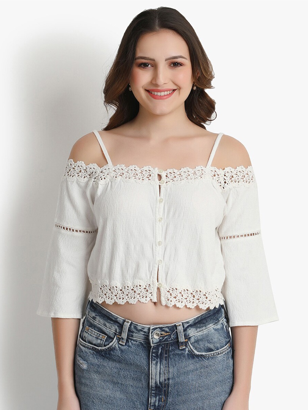 

putsum Laced Shoulder Straps Blouson Crop Top, White