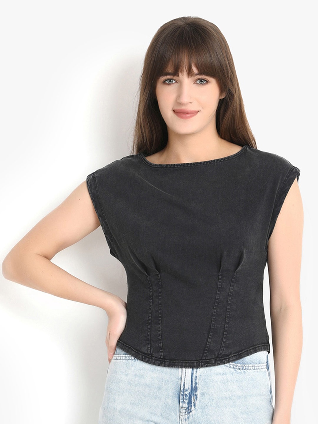 

putsum Half Placket Cotton Top, Black