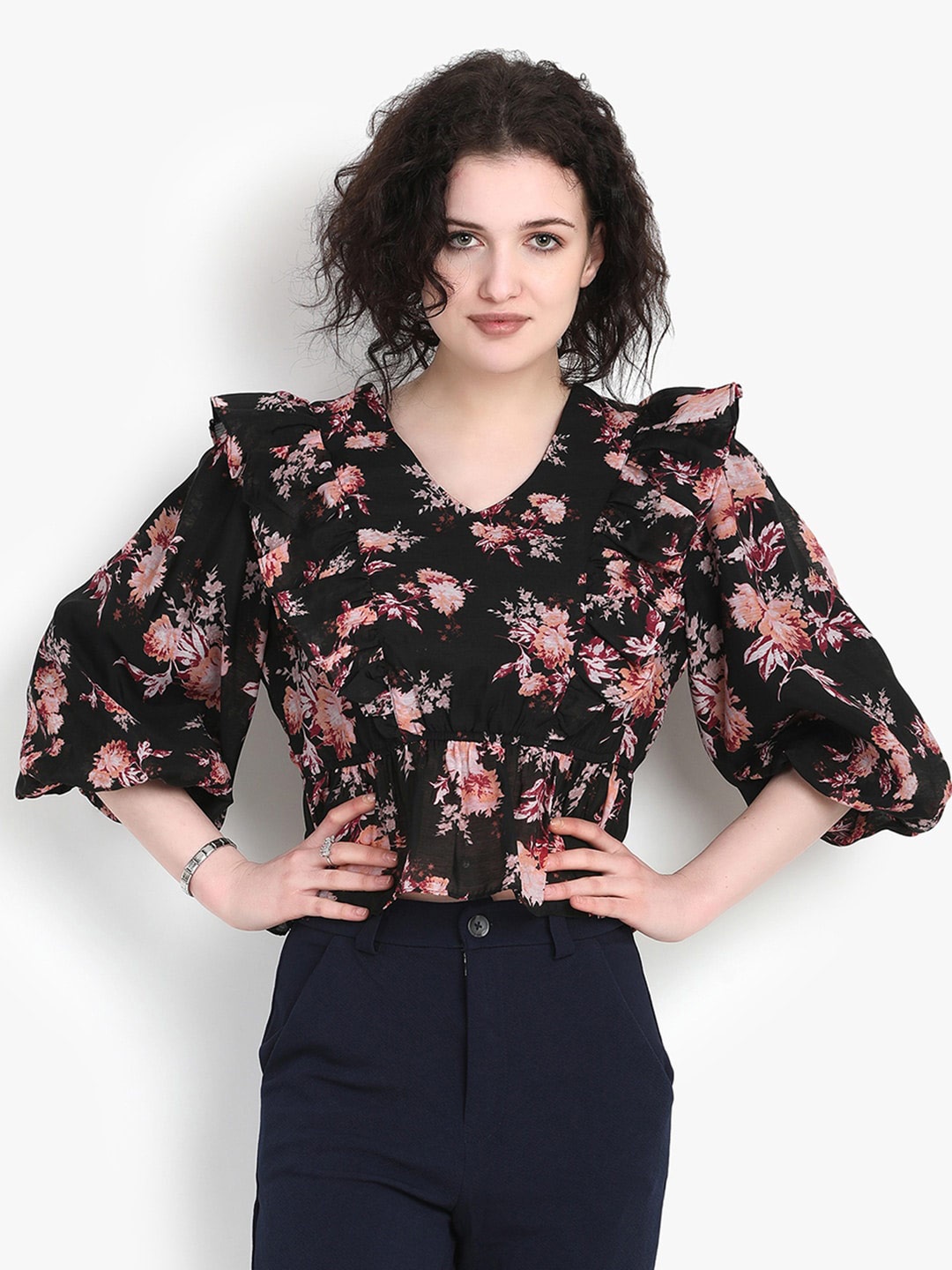 

putsum Floral Printed Flared Sleeve Ruffles Georgette Cinched Waist Top, Black