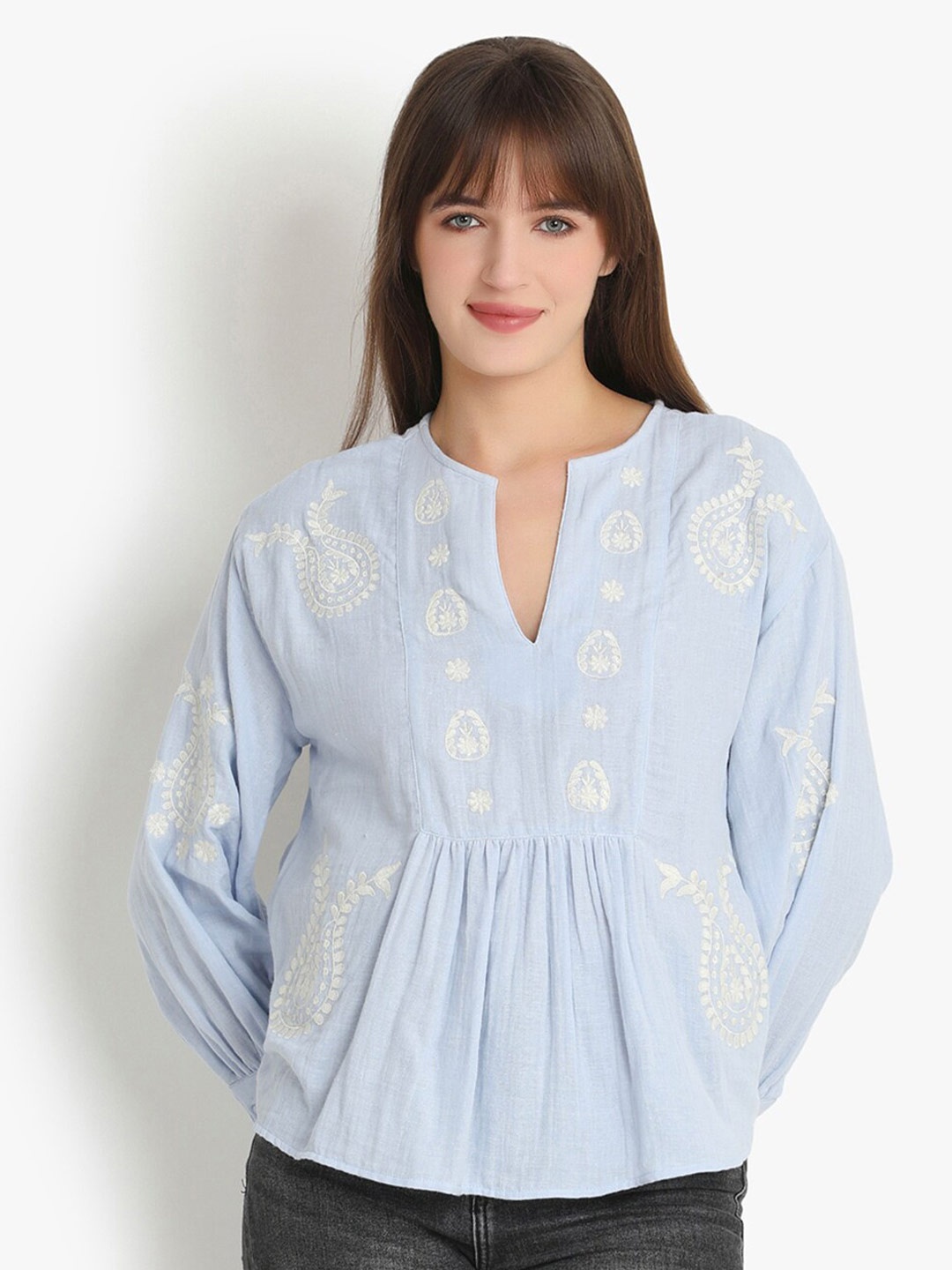 

putsum Embroidered Notched Neck Cuffed Sleeves Cotton Regular Top, Blue