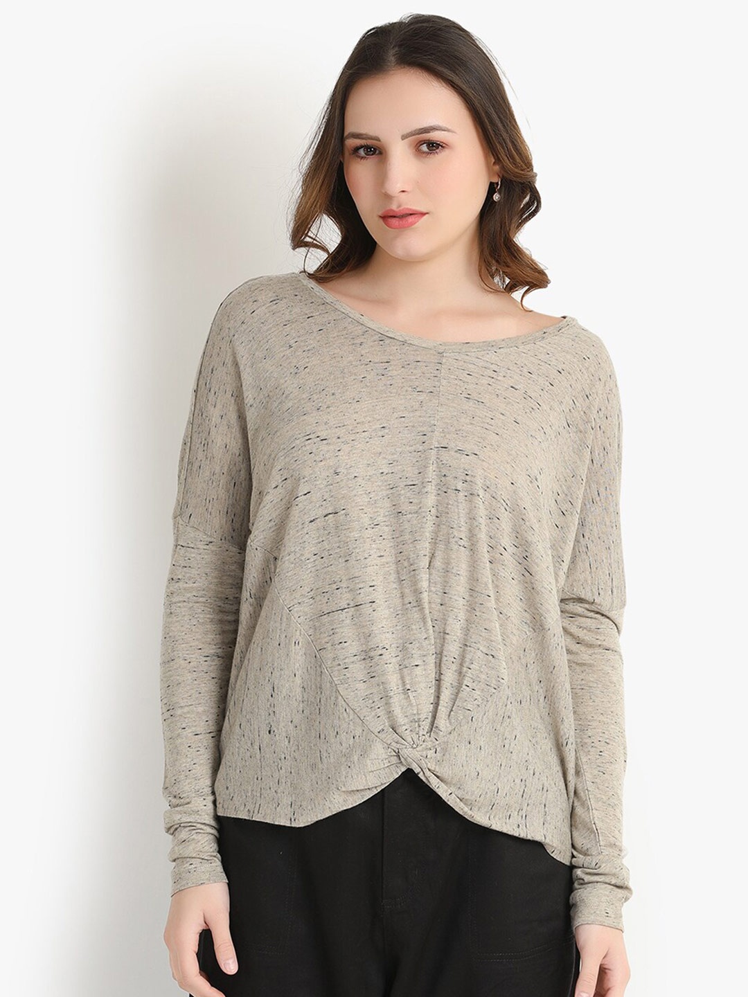 

putsum Striped Round Neck Extended Sleeves Regular Top, Grey