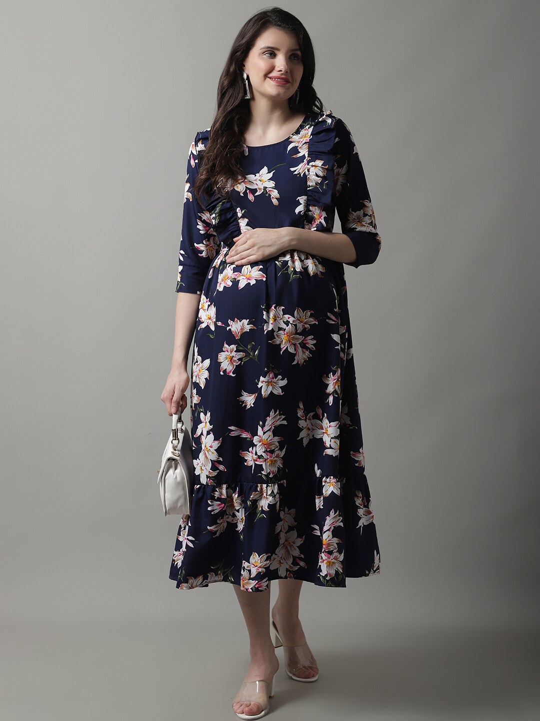 

Frempy Floral Print Crepe Maternity Fit & Flare Midi Dress, Navy blue