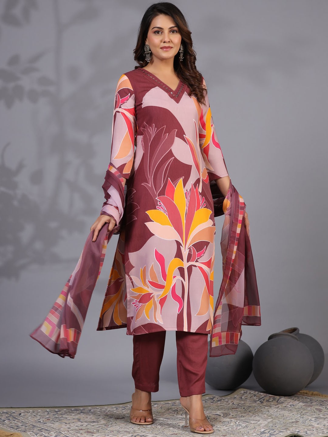 

KALINI Floral Printed Kurta With Trousers & Dupatta, Magenta