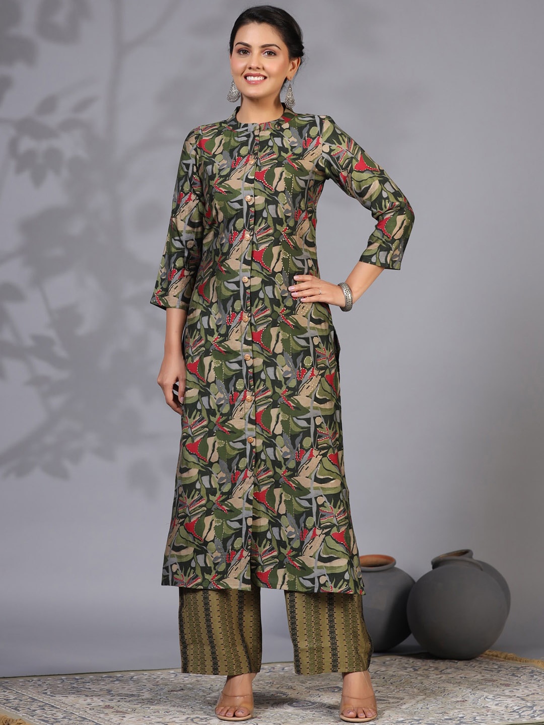

KALINI Floral Printed Band Collar Thread Work Regular Kurta with Palazzos, Green