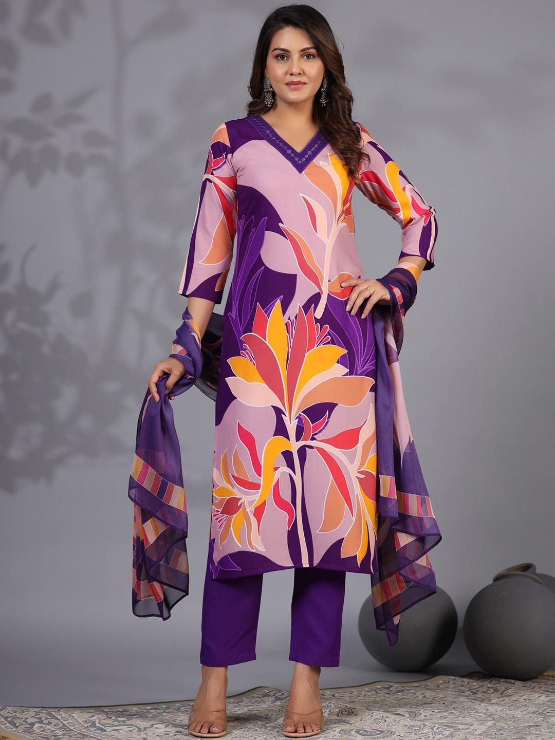 

KALINI Floral Printed Kurta with Trousers & Dupatta, Violet