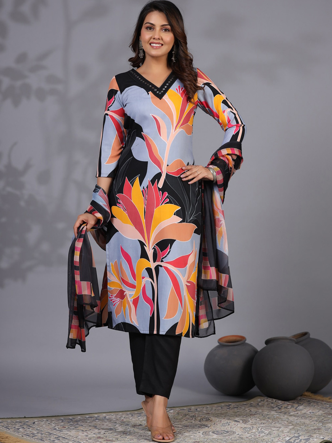 

KALINI Floral Printed Mirror Work Straight Kurta With Trousers & Dupatta, Black