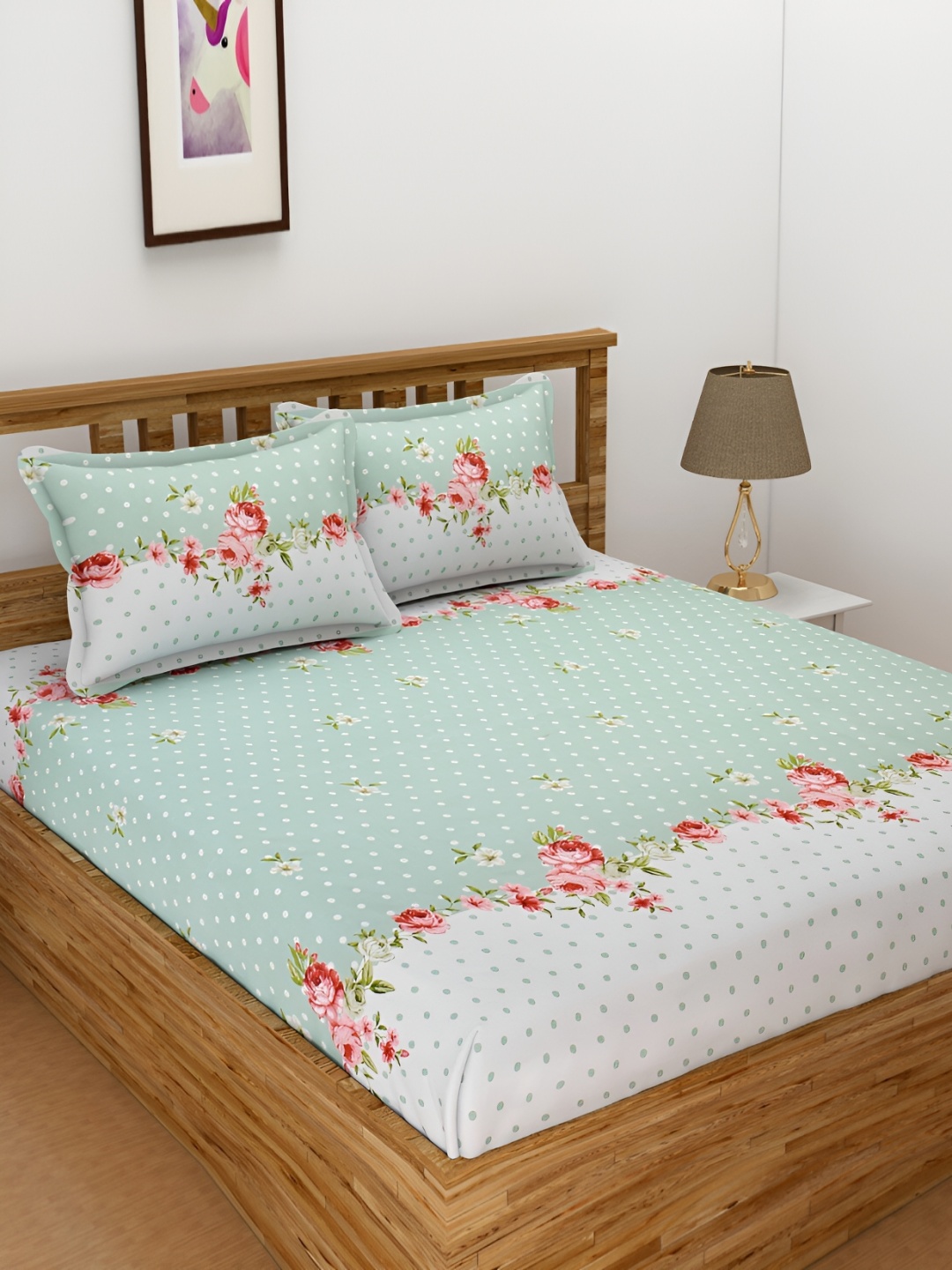

RIDHAAN Sea Green & White Floral 210 TC King Bedsheet with 2 Pillow Covers