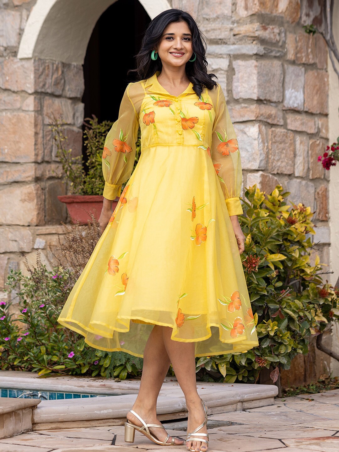 

Ambraee Floral Printed Shirt Collar Fit & Flare Dress With Inner, Yellow