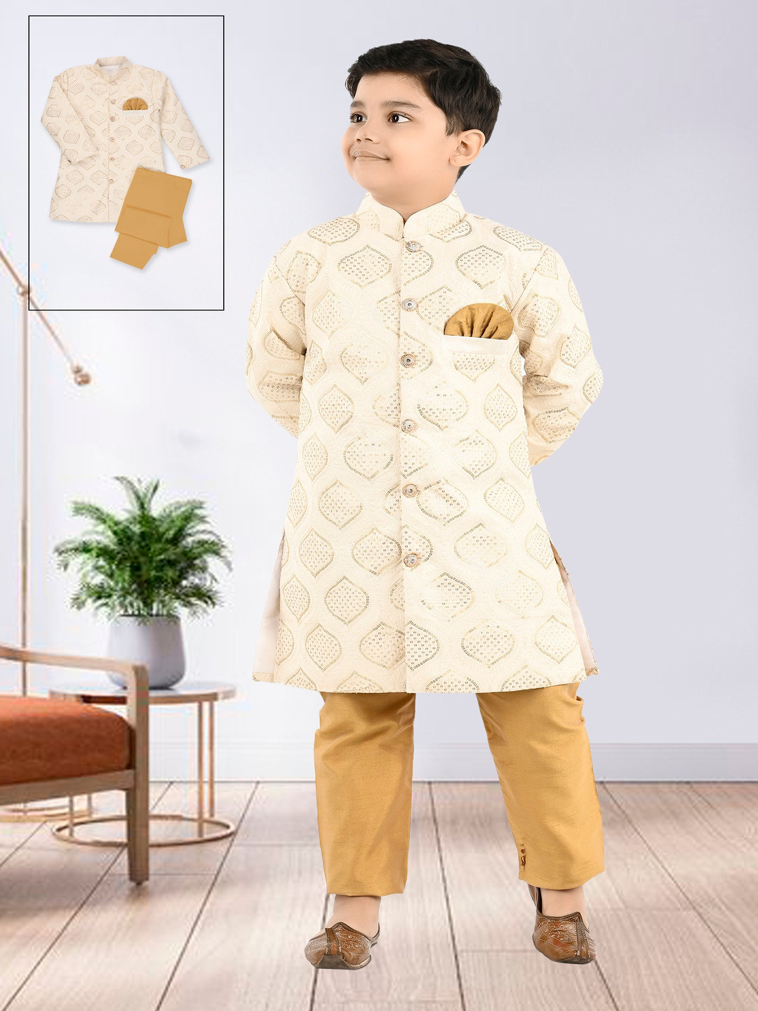 

BAESD Boys Mandarin Collar Ethnic Motifs Embroidered Regular Sequinned Kurta with Trousers, White