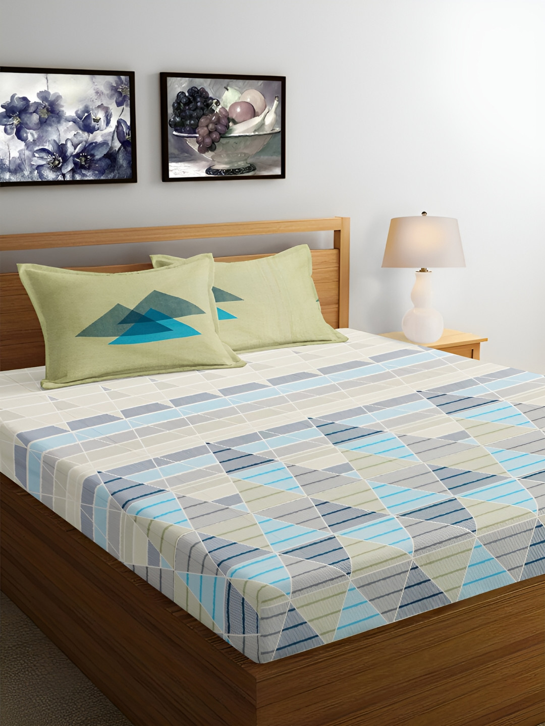 

Srijee Decors Green & Blue Geometric 250 TC Fitted Cotton King Bedsheet Set