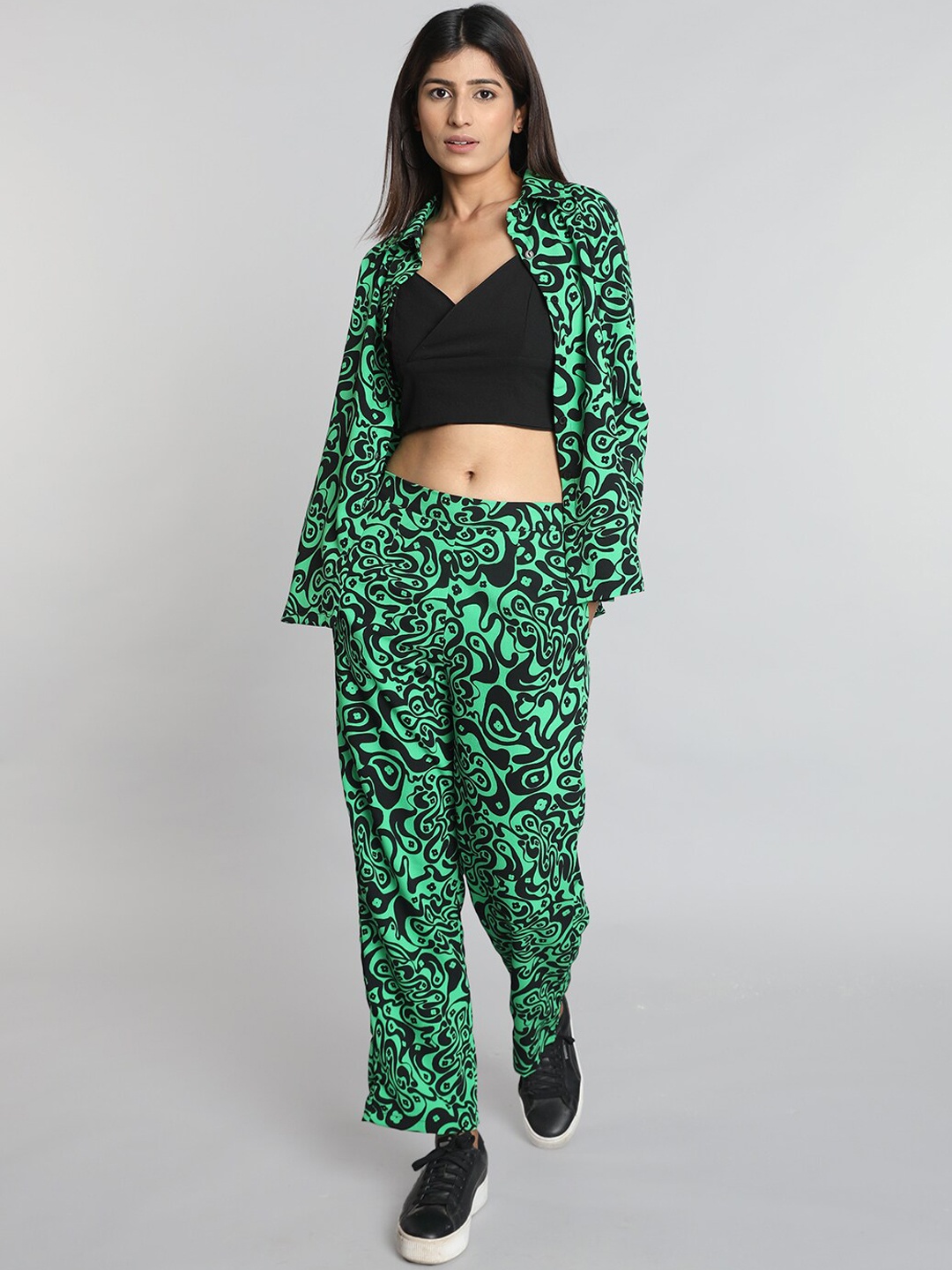 

Pomegal Printed Shirt & Trouser With Bustier, Green