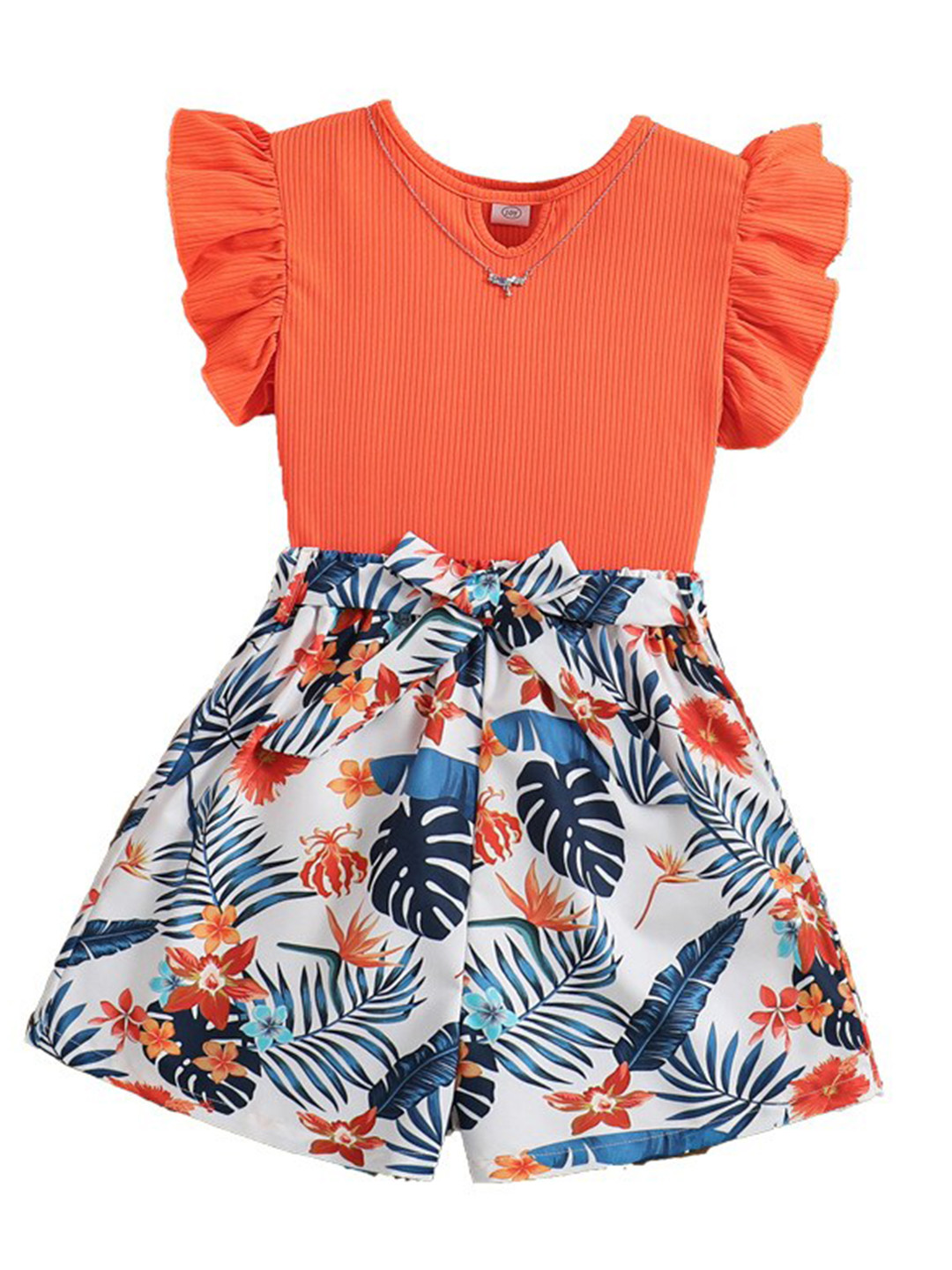 

StyleCast x Revolte Girls Orange & White Round Neck Striped Top with Shorts