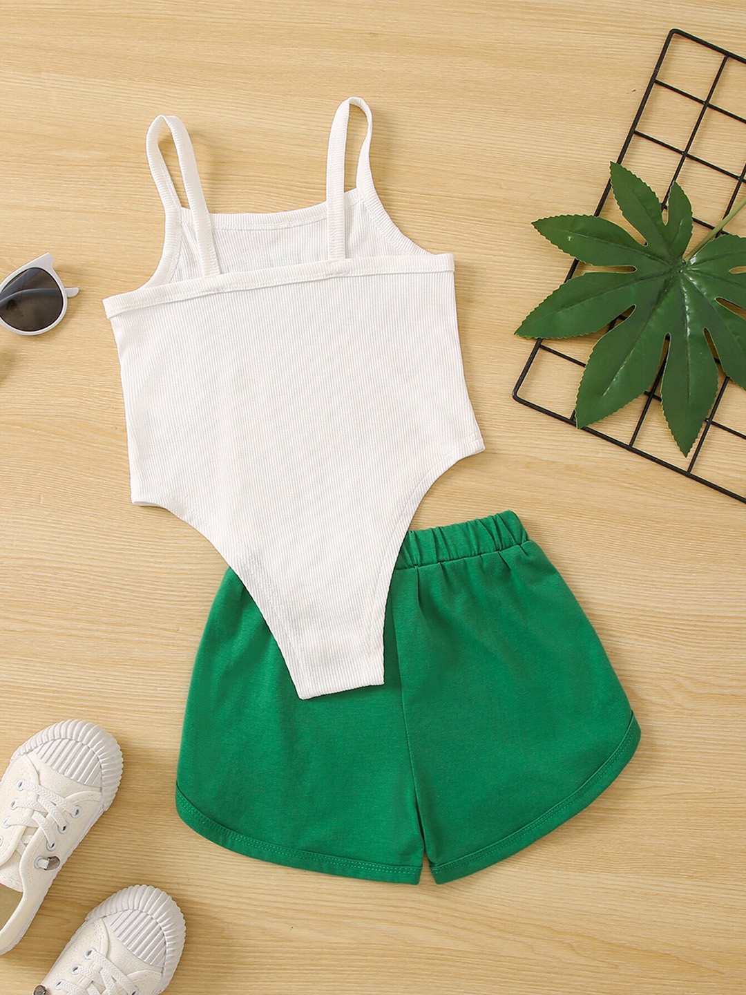 

StyleCast x Revolte Girls White & Green Printed Shoulder Straps Top with Shorts