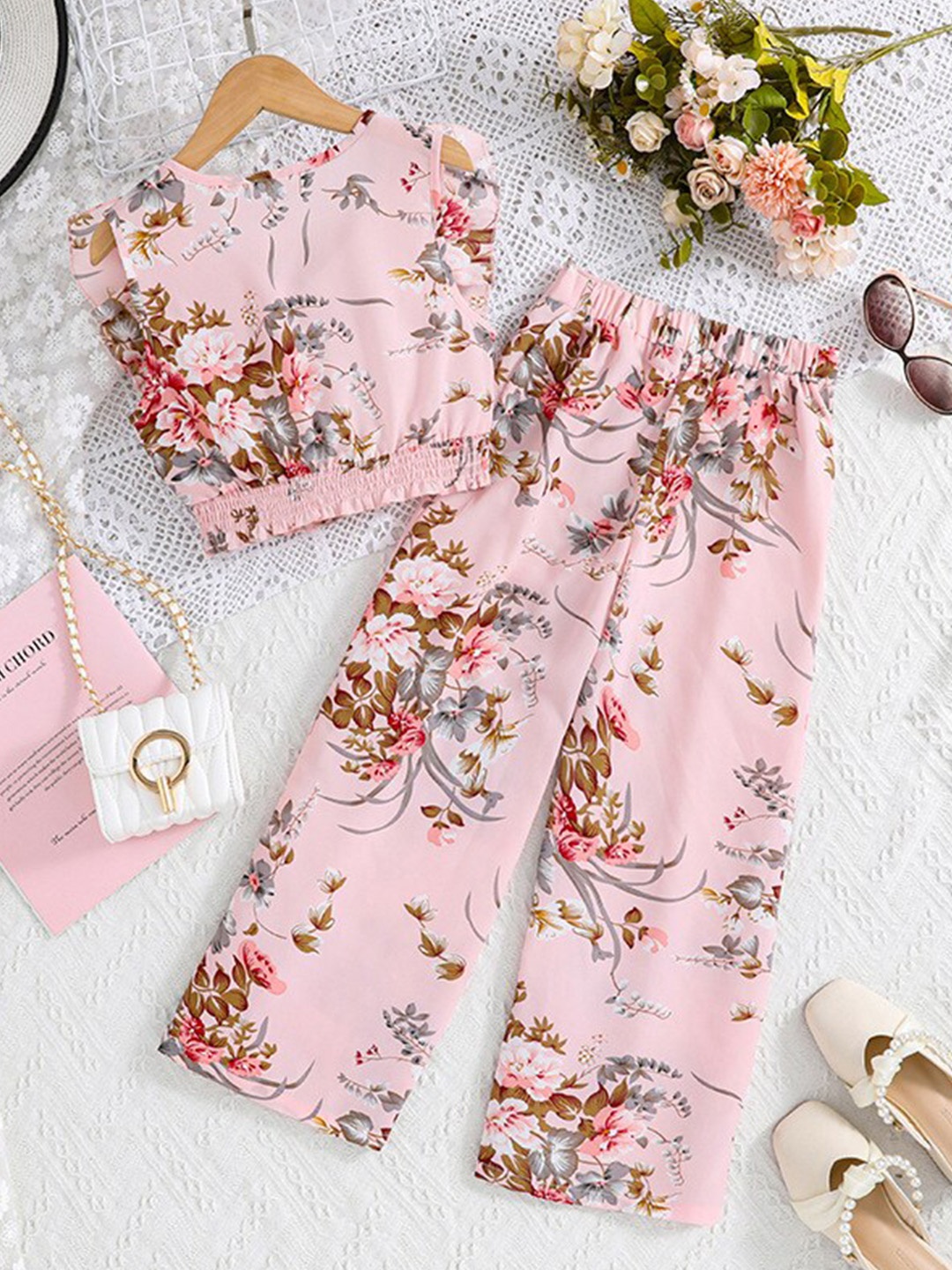 

StyleCast x Revolte Girls Pink Floral Printed Top with Palazzos