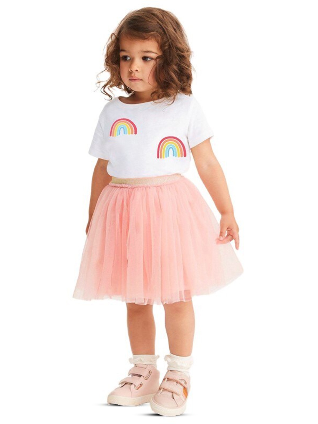 

StyleCast x Revolte Girls White & Pink Printed Round Neck Top with Skirt