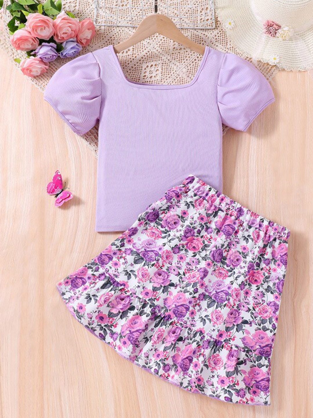 

StyleCast x Revolte Girls Purple & White Printed Top with Skirt