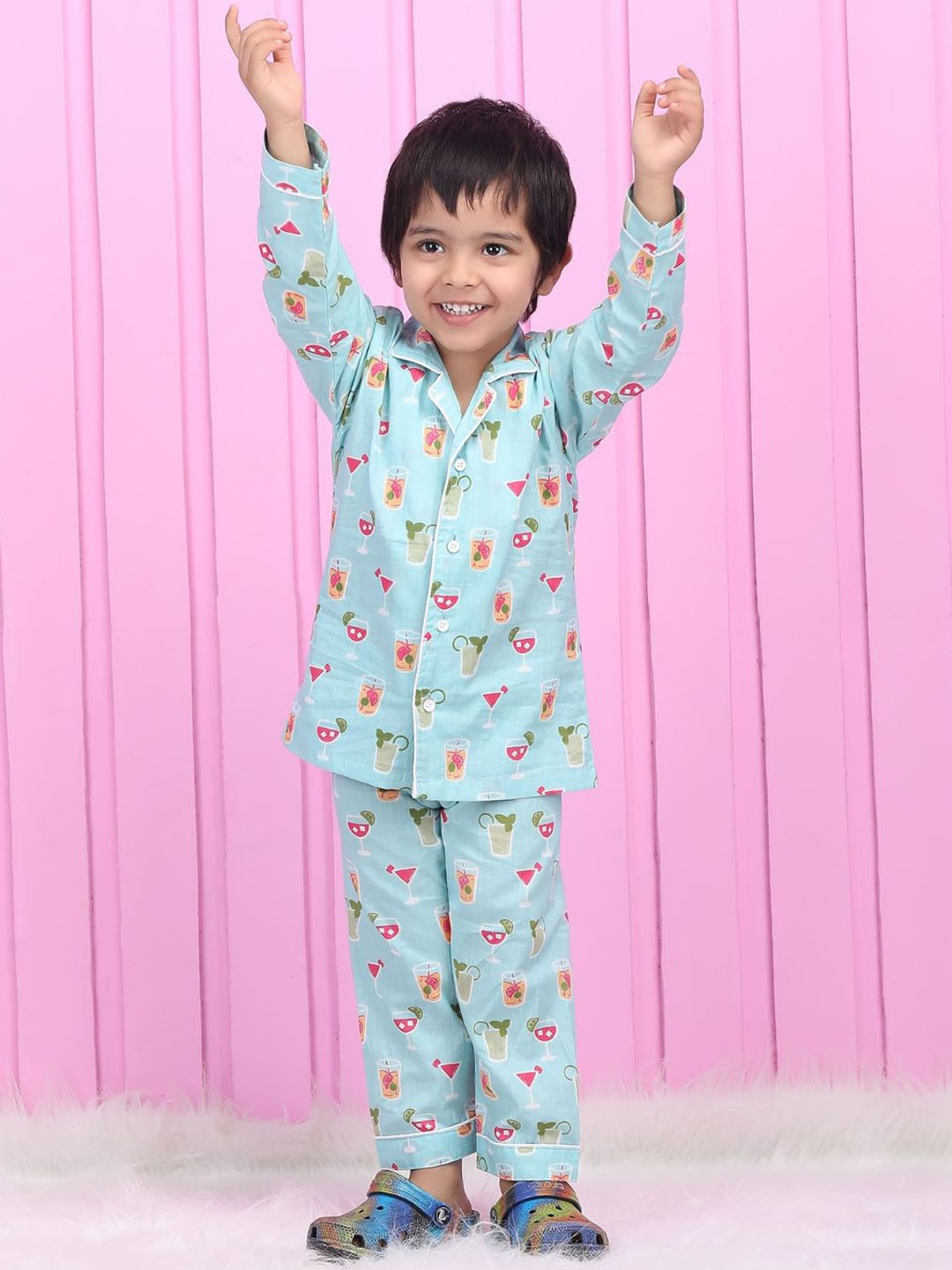

Polka Tots Boys Printed Pure Cotton Night suit, Blue
