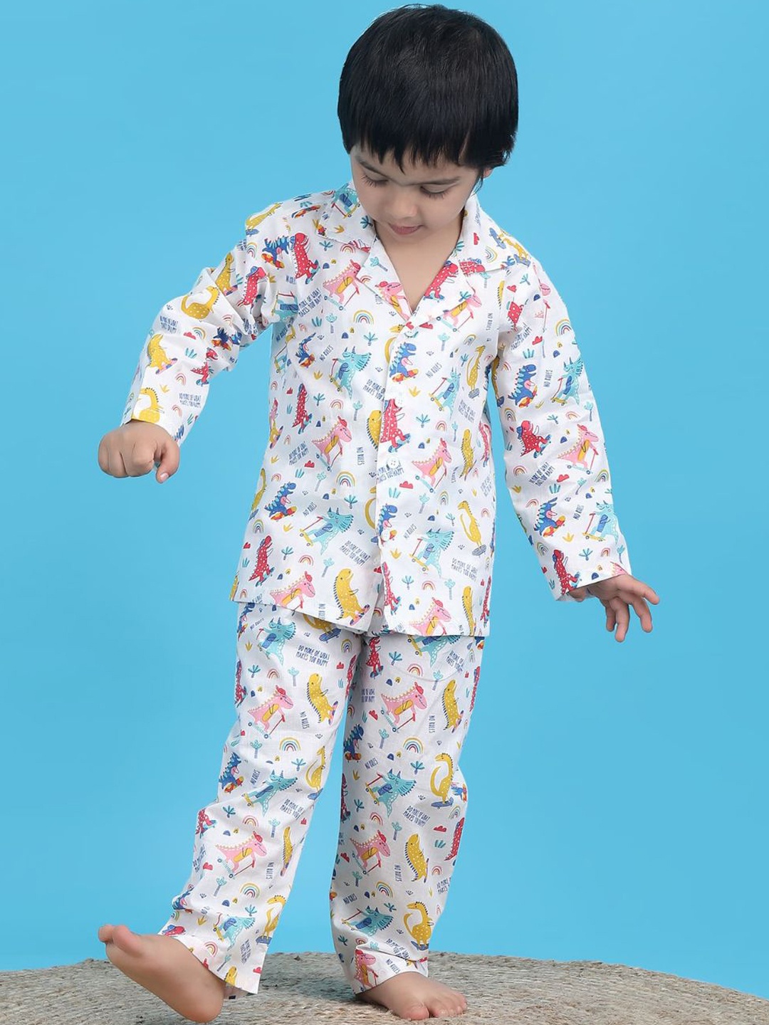 

Polka Tots Boys Printed Pure Cotton Night suit, White