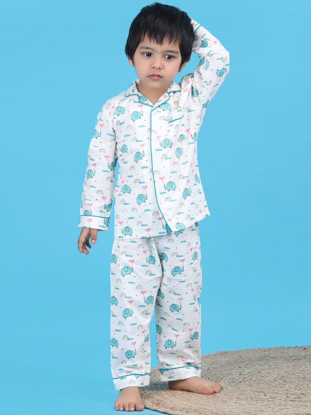 

Polka Tots Boys Printed Pure Cotton Night suit, White