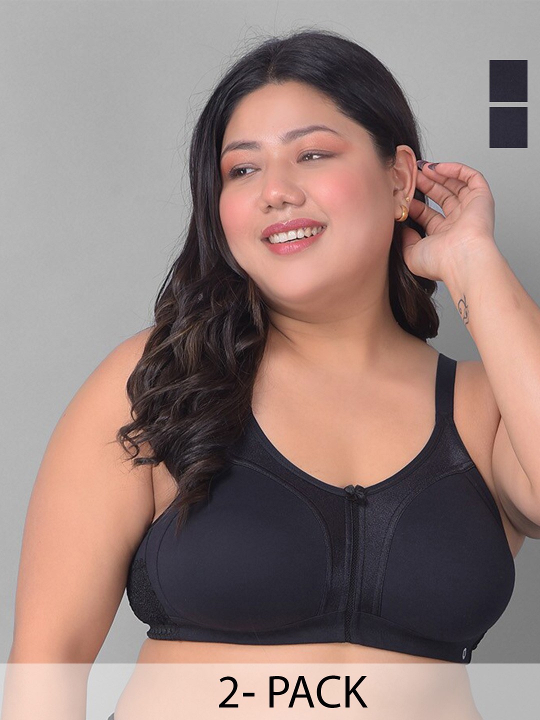 Dollar Missy Plus Size Pack Of 2 Firm Support Cotton Everyday Bra- All Day Comfort, Black