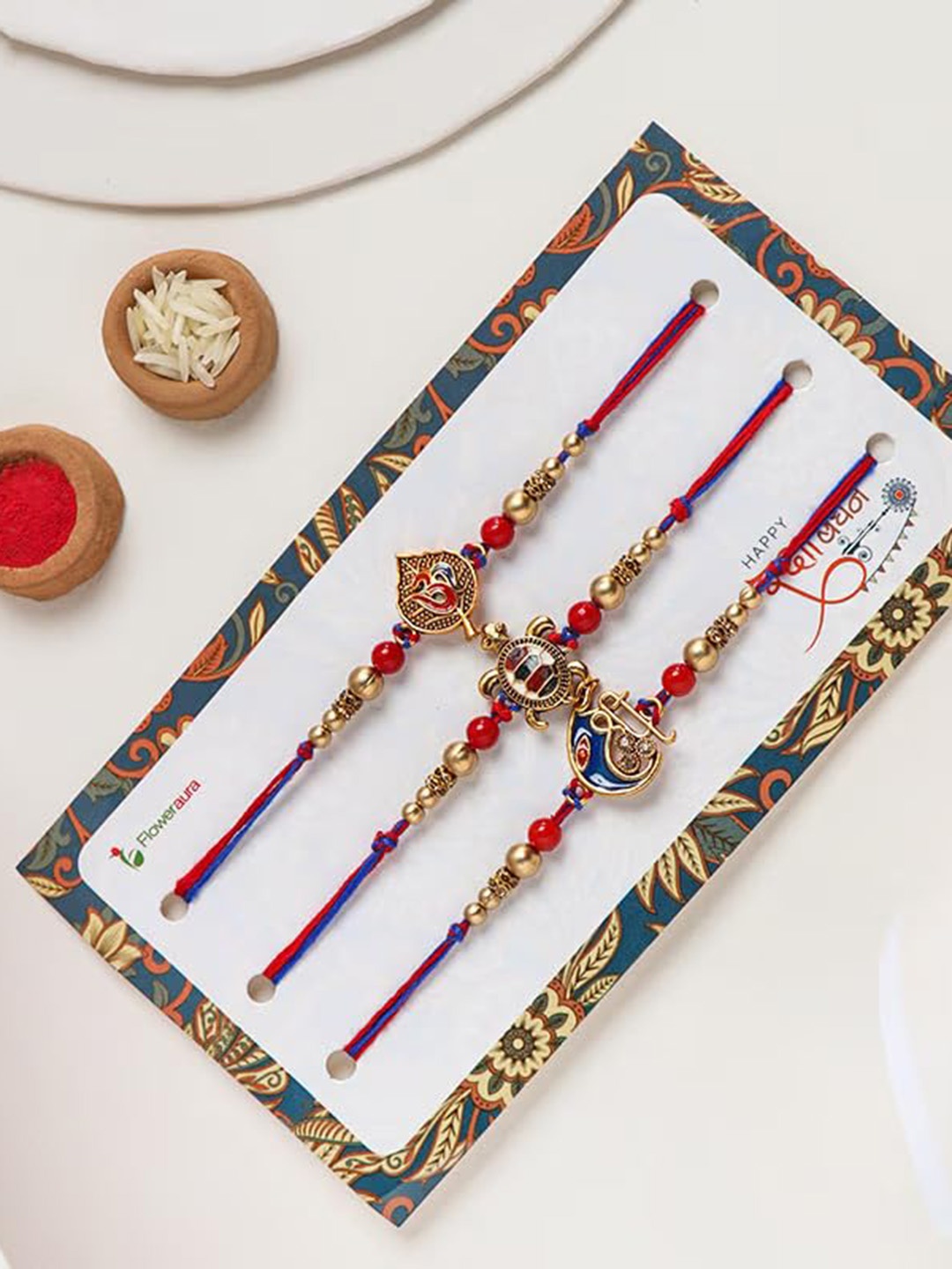 

Floweraura Set Of 3 Beaded Rakhis with Roli & Chawal, Red