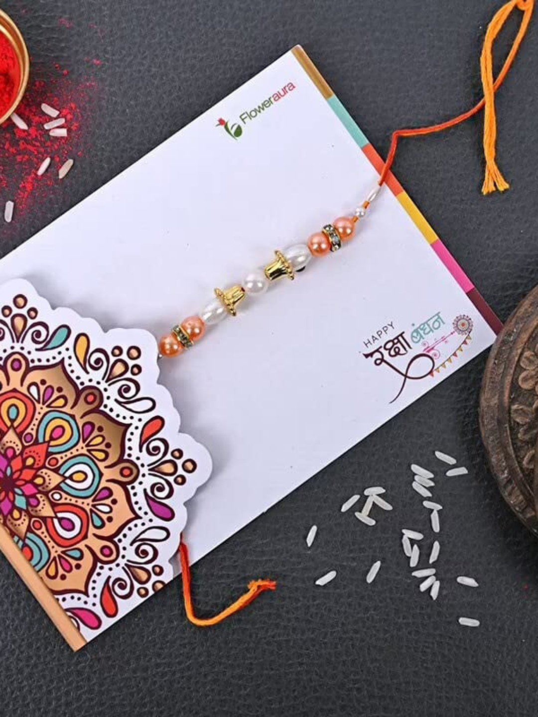 

Floweraura Beaded Rakhi With Roli & Chawal, Gold