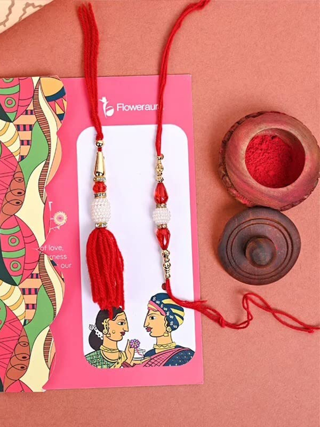 

Floweraura Beaded Rakhis With Roli & Chawal, Red