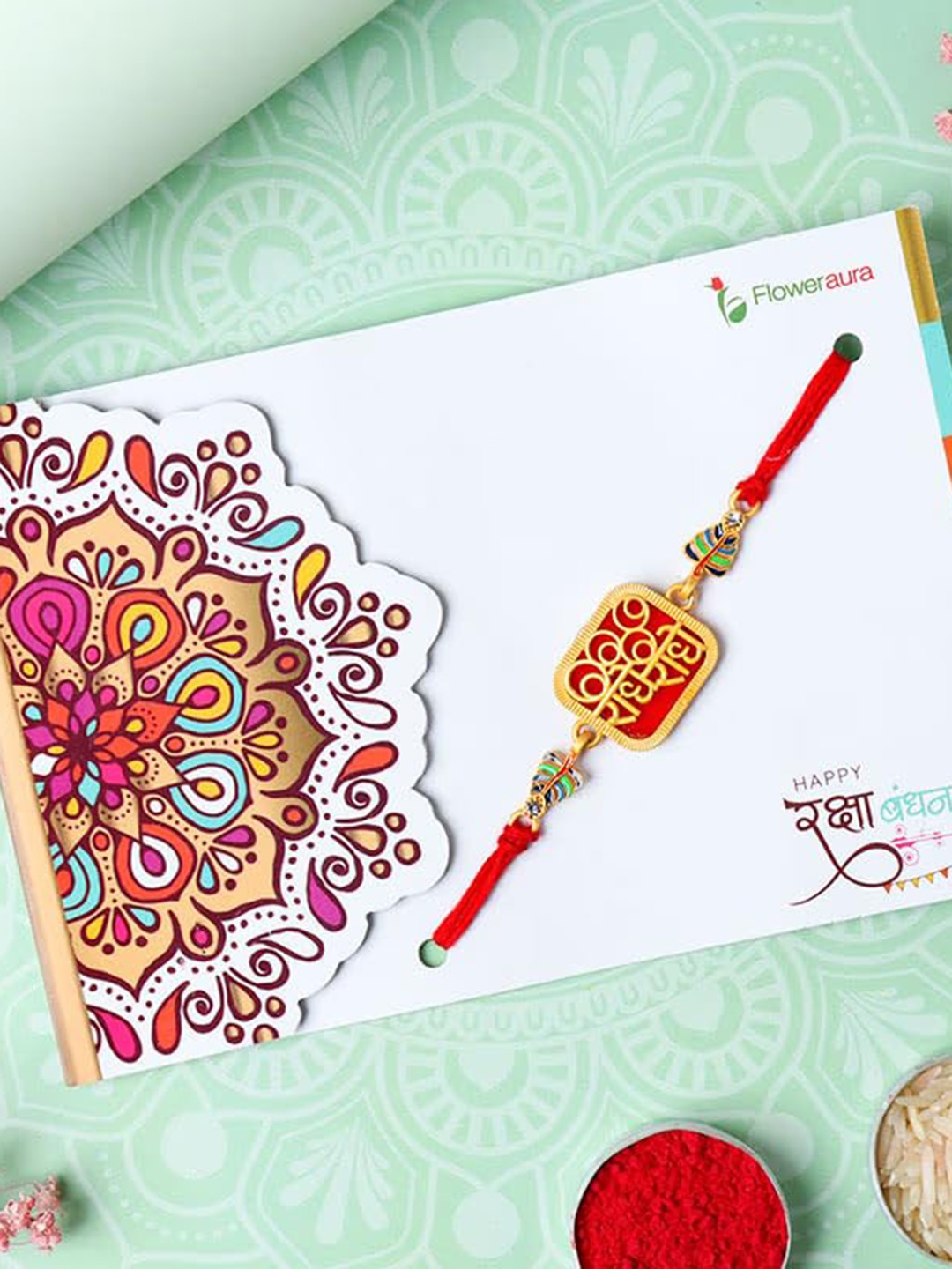 

Floweraura Men Radhe Radhe Rakhi With Roli & Chawal, Red