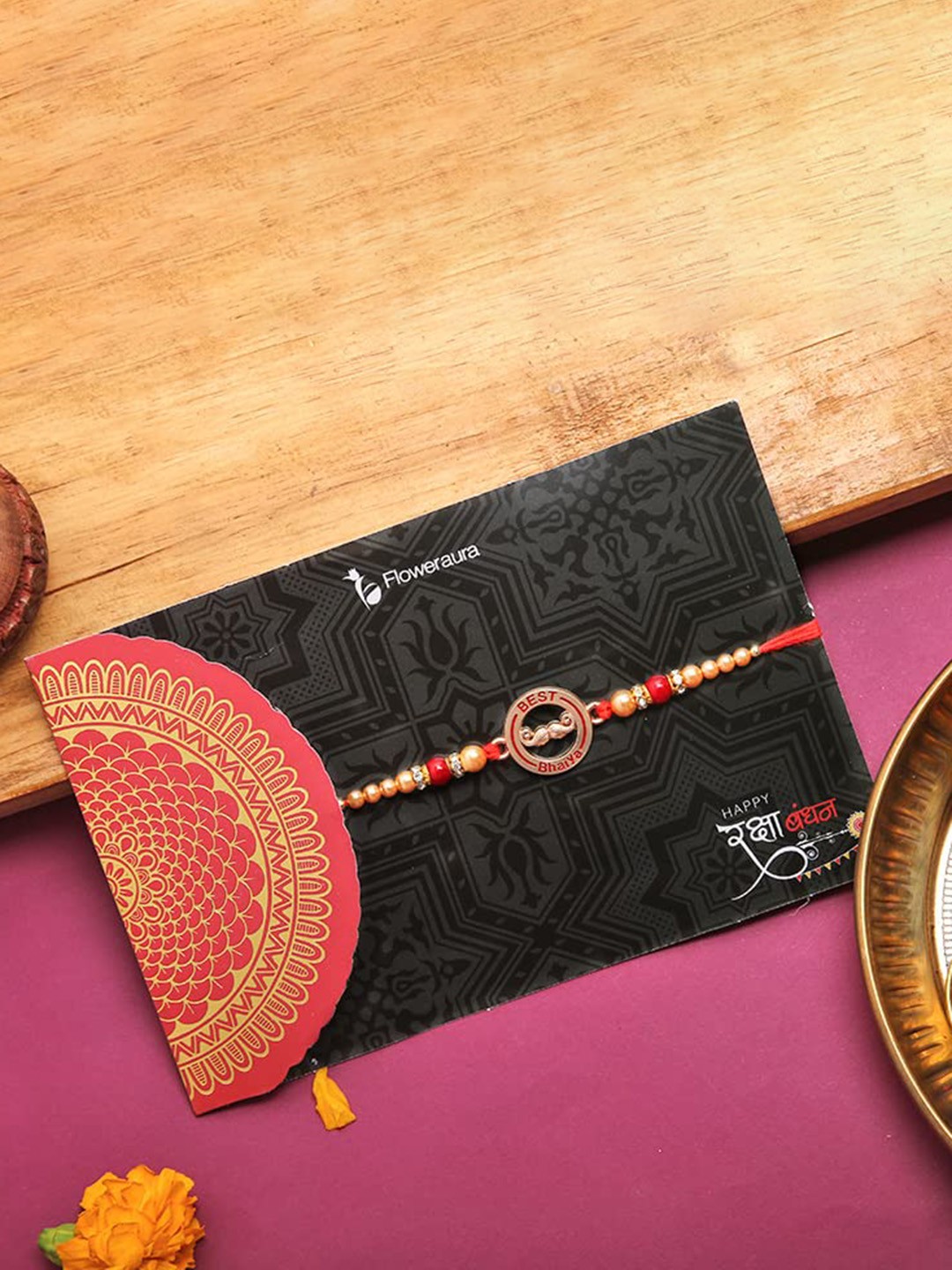 

Floweraura Best Bhaiya Moustache Beaded Rakhi with Roli & Chawal, Red
