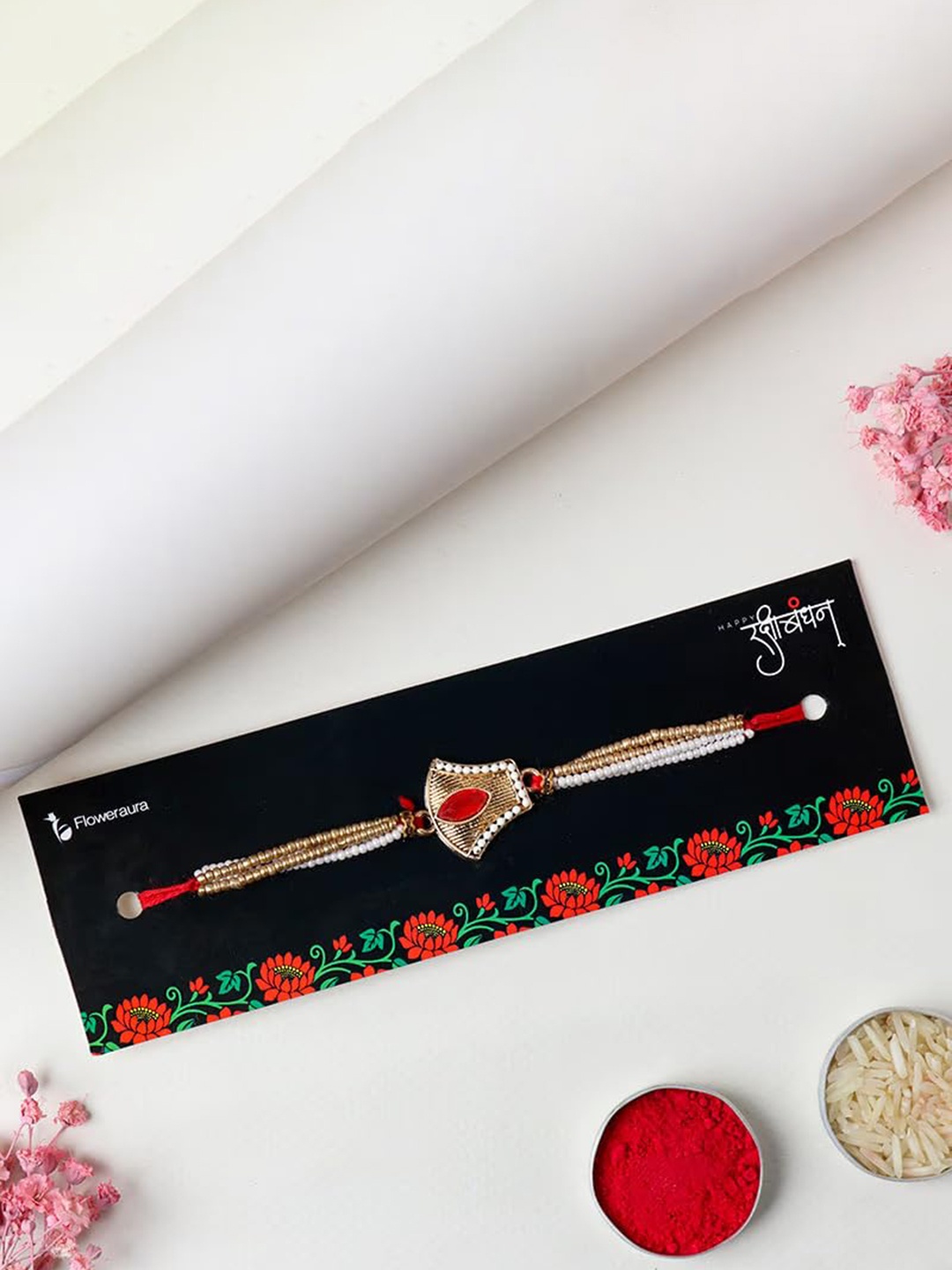 

Floweraura Beaded Rakhi with Roli & Chawal, Red