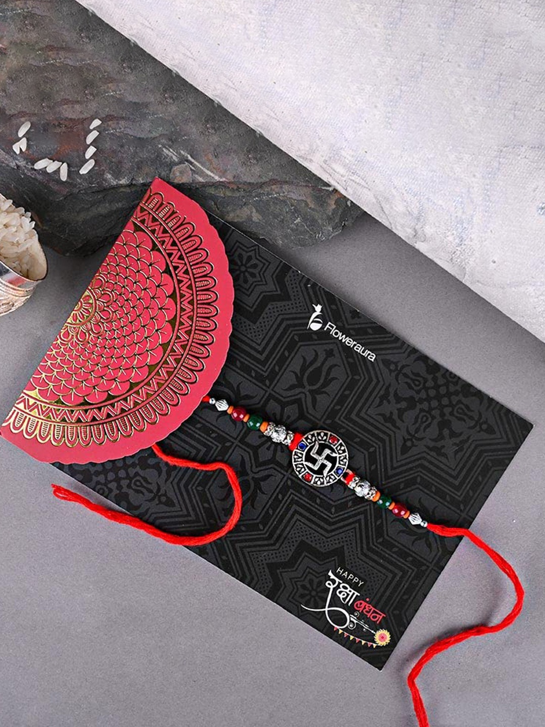 

Floweraura Swastik Divine Beaded Rakhi With Roli & Chawal, Pink