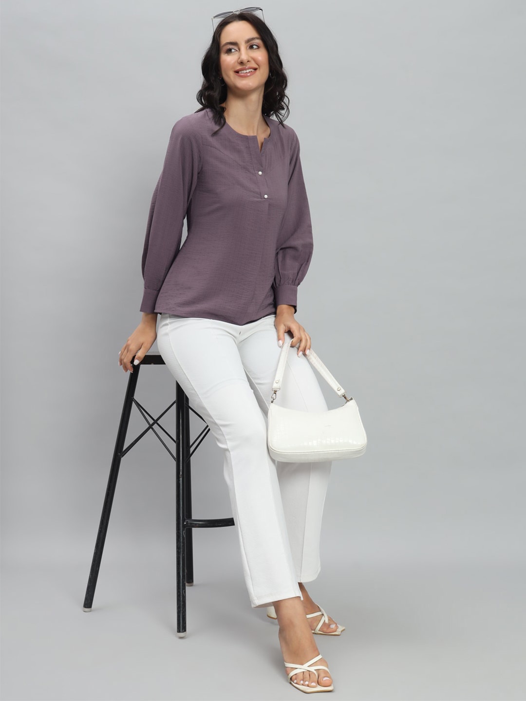 

RACHNA Round Neck Shirt Style Cotton Top, Purple