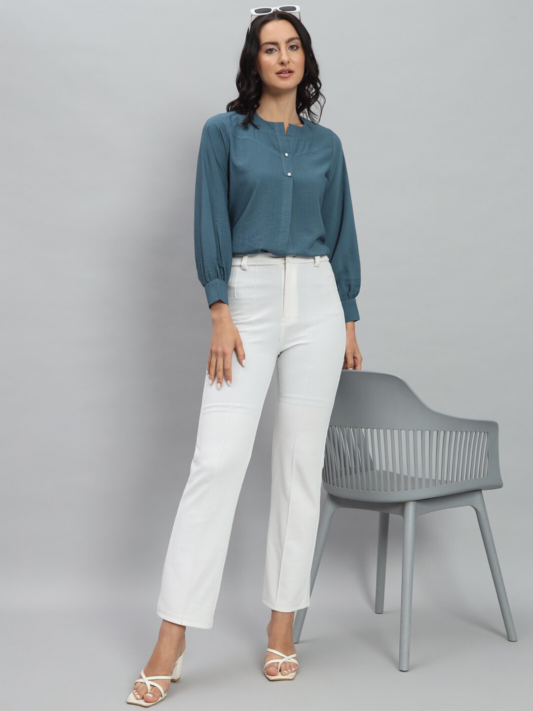 

RACHNA Round Neck Shirt Style Cotton Top, Blue