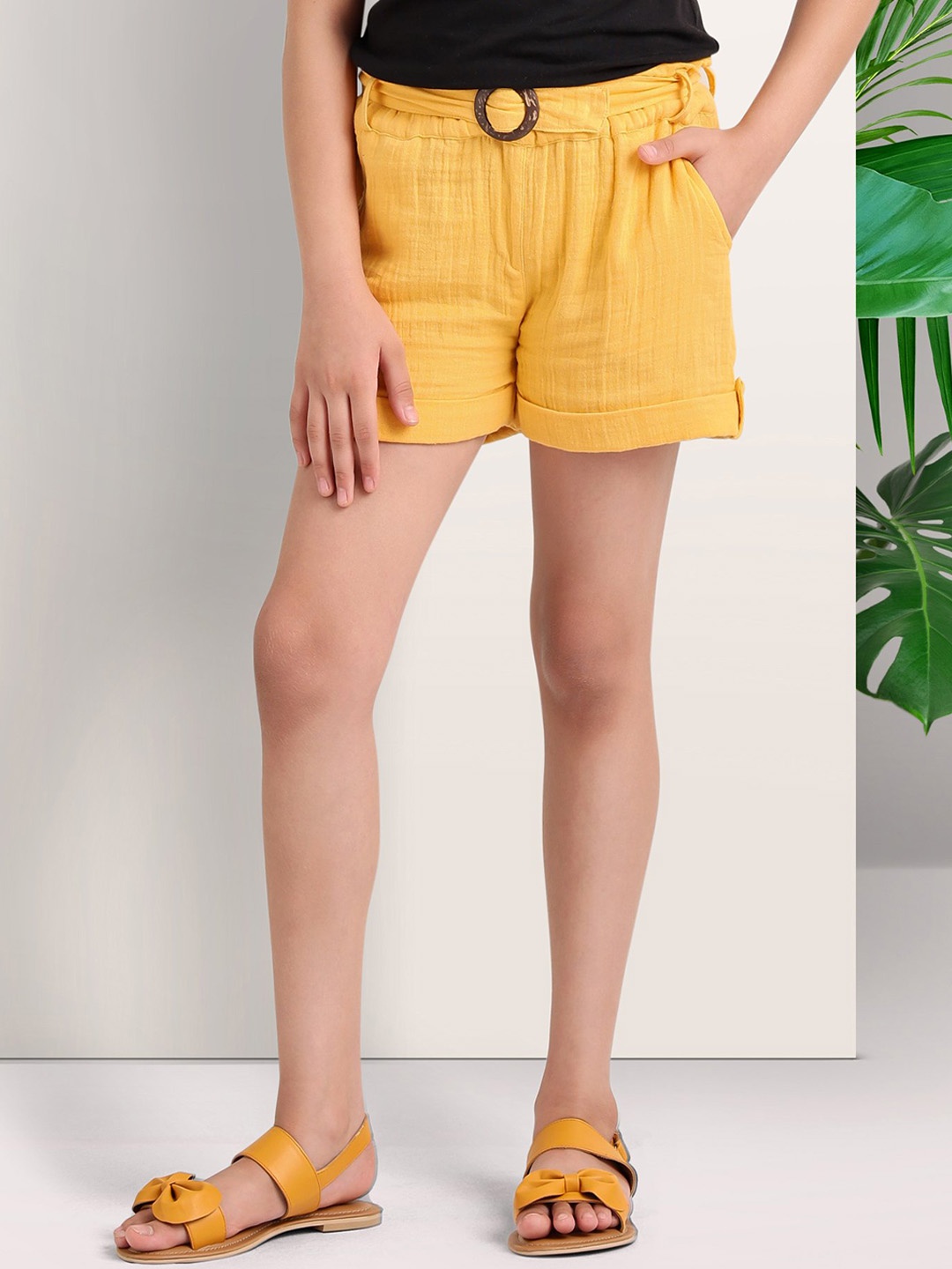 

ARIAS By LARA DUTTA Girls Belted Pure Cotton Shorts, Yellow