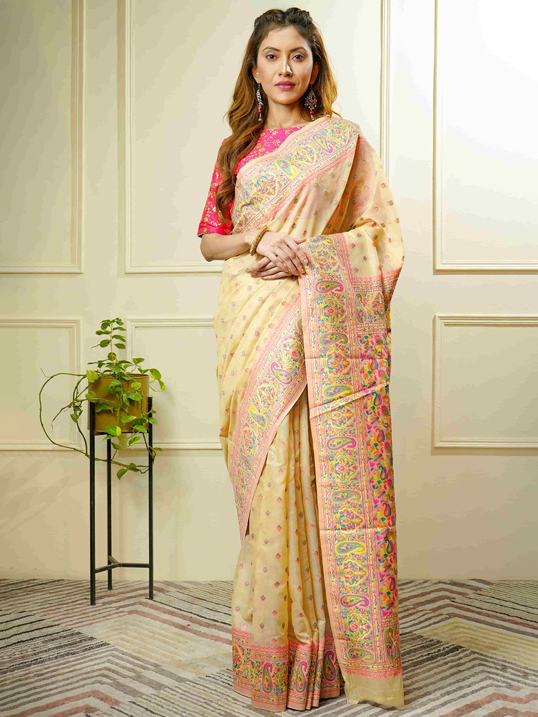 

BEATITUDE Floral Woven Design Kashmiri Saree, Yellow